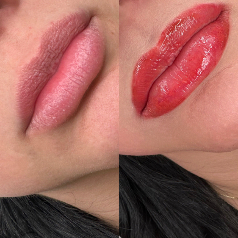 Lip blush before and after — from pale to a glossy rosy tint